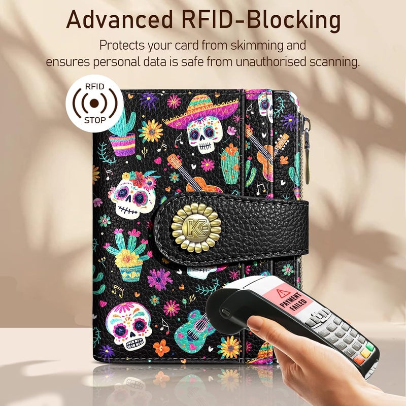 Kelvoris Skull Small Rfid Women Wallet Bifold Zipper Coin Pocket PU Leather Compact Cash Credit Card Holder Travel Wallet for Female Ladies Teen Girls 1 ID Window 10 Card Slots Day of The Dead - Image 3